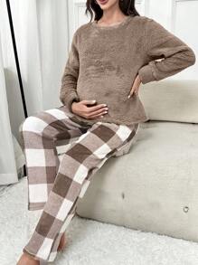 Maternity Buffalo Plaid Adjustable Waist Flannel PJ Set - Brown - View 1