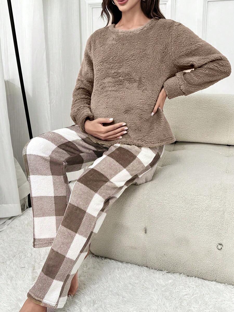 Maternity Buffalo Plaid Adjustable Waist Flannel PJ Set - Brown - View 1