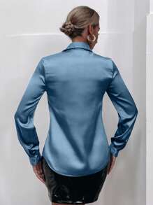 EMERY ROSE Solid Button Front Satin Shirt,Long Sleeve Tops Fall Cloth For Women - Baby Blue - View 2