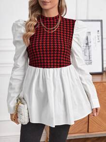 SHEIN Maternity Houndstooth Print Gigot Sleeve Peplum 2 In 1 Blouse - Red - View 5