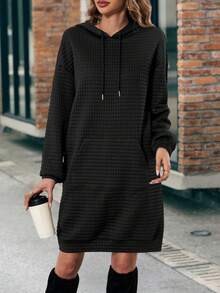 SHEIN LUNE Vestido con capucha con bolsillo de canguro de hombros caídos con cordón - Negro - Ver 6