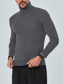 EURMUSE Men's High Neck Solid Color Sweater - Grey - View 4
