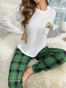 Cartoon Graphic Tee & Plaid Print Pants PJ Set - White - View 1