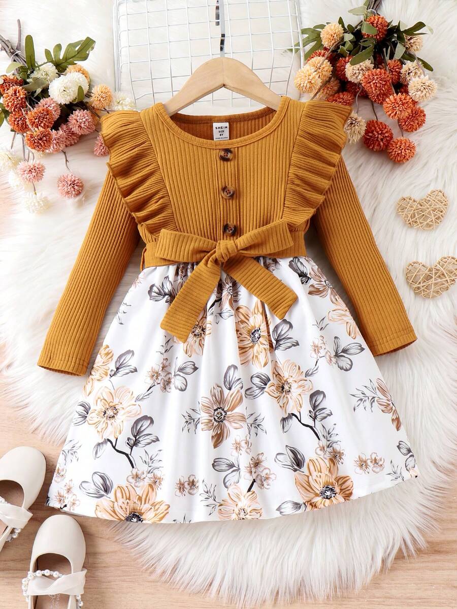 SHEIN 女小童印花荷葉邊繫腰帶洋裝 - 卡其色 - 查看 1