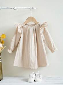 女婴秋季长袖盖袖褶皱连衣裙，甜美可爱风格，水洗皱褶设计面料，非常适合秋季服装 - 杏色 - 查看 1