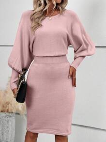 Calvaya Solid Lantern Sleeve Rib Knit Sweater Dress Fall Winter Cloth For Women