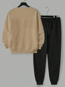 EURMUSE Conjunto De Dos Piezas De Sudadera Con Estampado De Letras Y Pantalón Con Cordón En La Cintura Para Hombre - Camel - Ver 2