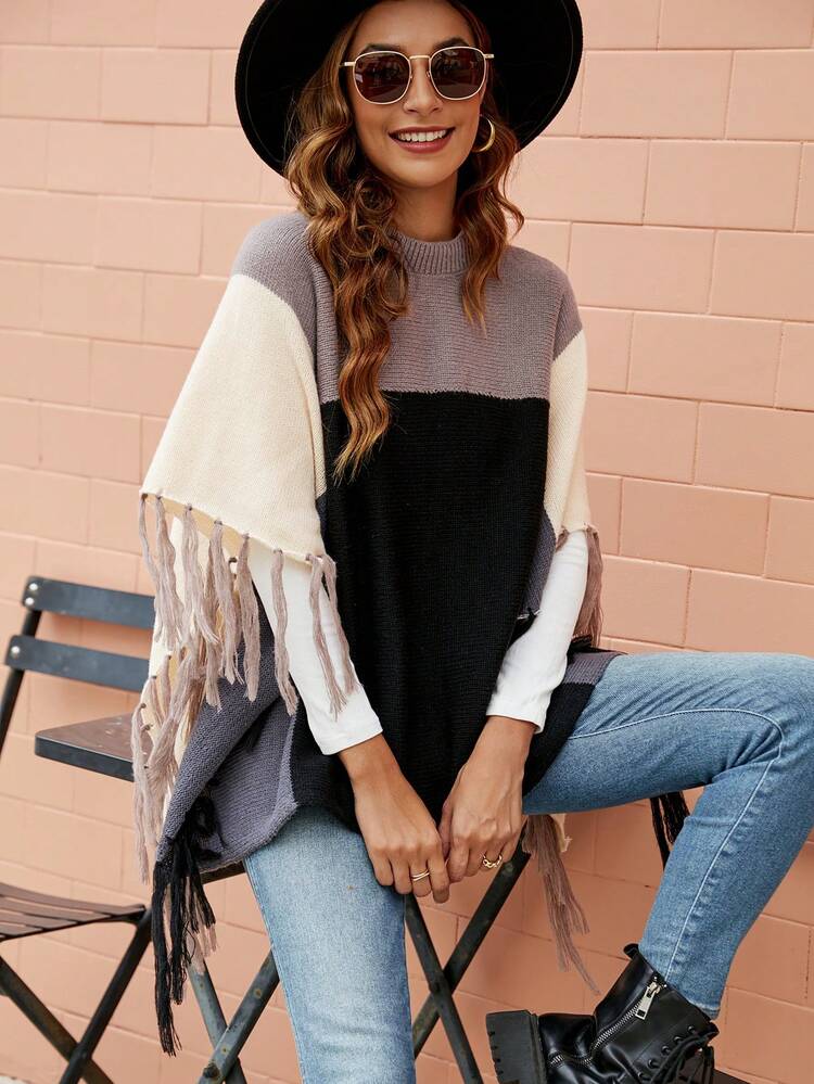 Color Block Fringe Trim Batwing Sleeve Mock Neck Poncho Knit Pullover Fall Winter Sweater