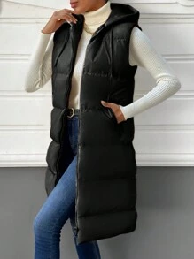 EURMUSE Zip Up Drawstring Hooded Vest Puffer Coat - Black - View 5