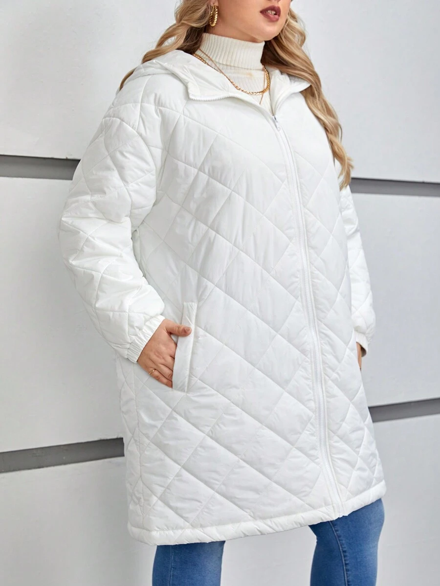 SHEIN LUNE Hơn Dây kéo áo có mũ Áo khoác Quilted - trắng - Xem 1