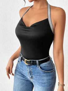 SHEIN Essnce Draped Front Contrast Tape Trim Halter Top - Black - View 6