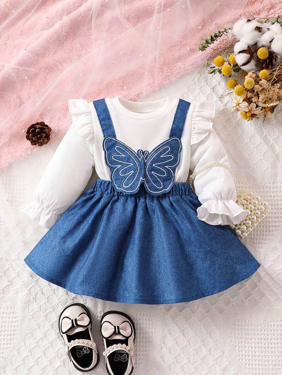 女嬰蝴蝶圖案荷葉邊荷葉袖假兩件洋裝 - 彩色 - 查看 1