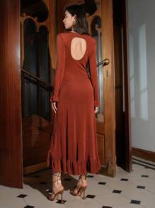 Zolique 女式性感圓領荷葉邊下擺連身裙 - 亮橙色 - 查看 2