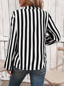 SHEIN LUNE Striped Print Notched Neckline Lantern Sleeve Blouse - Black and White - View 2
