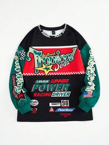 SHEIN Coolane 字母圖案落肩袖運動衫 - 綠色 - 查看 5