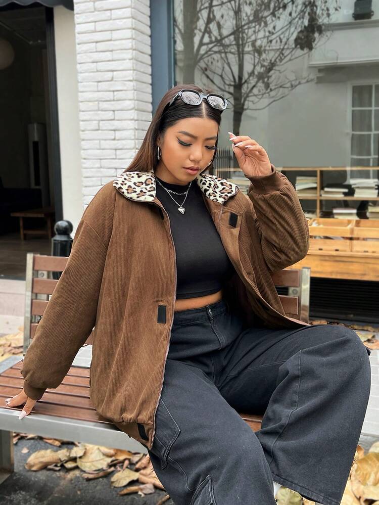 Plus Size Leopard Borg Collar Padded Coat