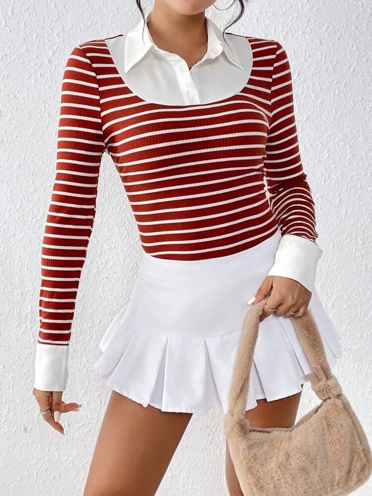 Striped Print Polo Neck 2 in 1 Tee