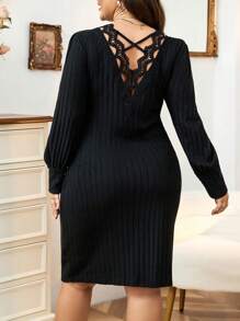 Calvaya Plus Lantern Sleeve Lace Insert Ribbed Knit Dress Without Belt - Black - View 3