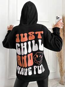 EURMUSE Slogan Graphic Drop Shoulder Hoodie - Black - View 4