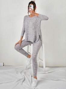 EURMUSE Gray Split T-shirt And Leggings Two-piece Set - Grey - View 1