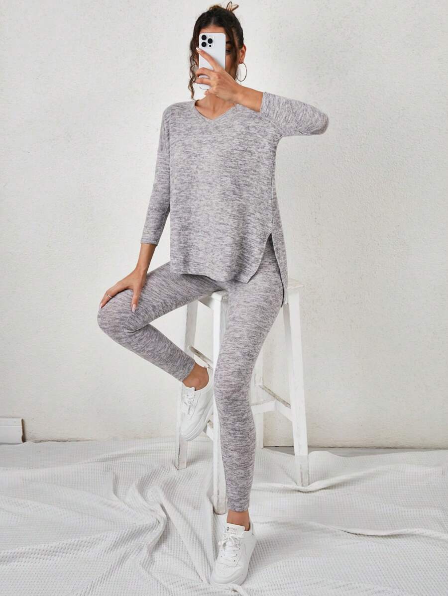 EURMUSE Gray Split T-shirt And Leggings Two-piece Set - Grey - View 1