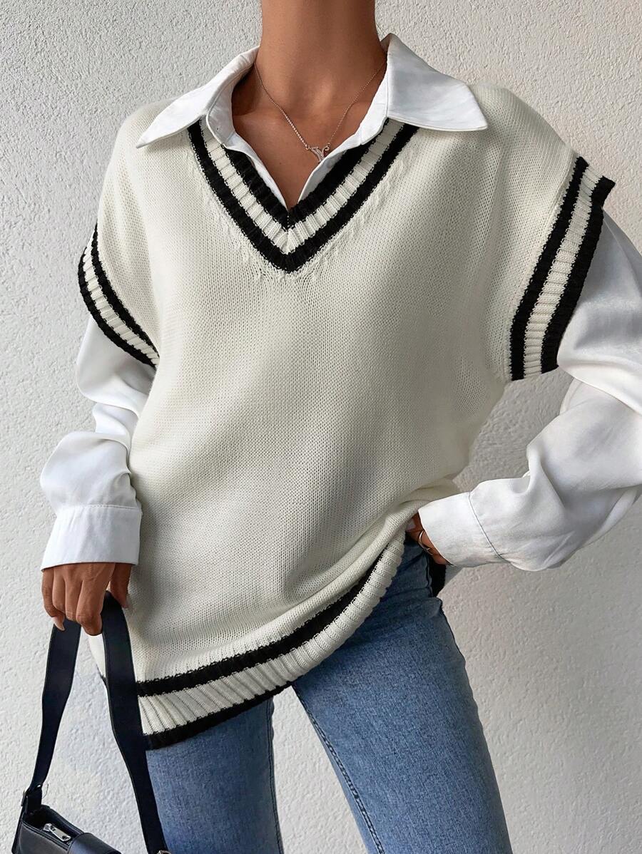 EURMUSE Sọc trang trí Áo len Cricket Vest Không có áo lót - trắng - Xem 1