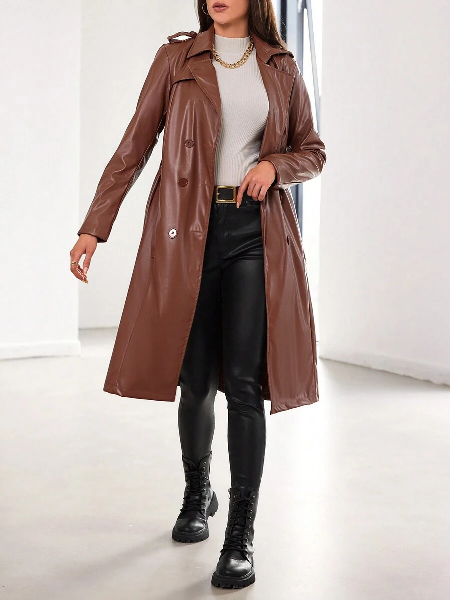 Double Breasted Leather Look Trench Coat - Brown - View 1