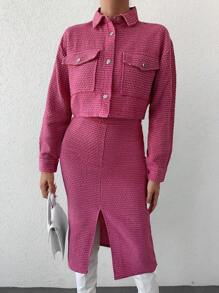 EURMUSE Drop Shoulder Crop Jacket & Split Thigh Skirt - Pink - View 4