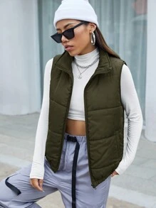 SHEIN EZwear Zip Up Sleeveless Puffer Vest Coat - Army Green - View 3