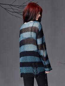 ROMWE Goth 條紋圖案波浪袖撕破毛衣,無需穿胸罩 - 藍色 - 查看 3