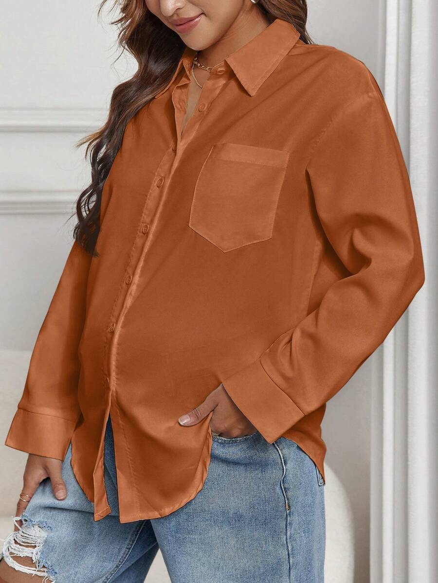 SHEIN Maternity Loose Fit Button-front Shirt With Patch Pocket - Coral Orange - View 1