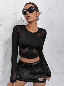 SHEIN ICON 網紗拼接短款T恤 - 黑色 - 查看 3