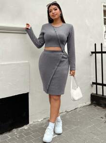 SHEIN EZwear 大碼條紋針織短款T恤&半身裙 - 深灰色 - 查看 3