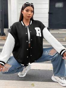 Flirla Hơn Thư được vá Sọc trang trí Thả vai Hai âm Áo khoác Đại học - Đen và trắng - Xem 4