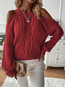 SHEIN LUNE Cold Shoulder Cable Knit Sweater - Red - View 5