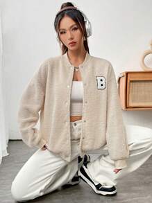 SHEIN Unity 字母貼布落肩袖絨毛飛行員夾克 - 米色 - 查看 5