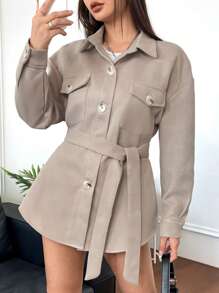 SHEIN Unity 翻蓋口袋落肩袖腰帶花呢外套 - 杏色 - 查看 5