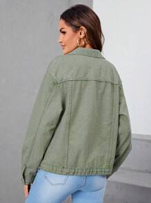 SHEIN LUNE Flap Pocket Drop Shoulder Denim Jacket - Olive Green - View 2