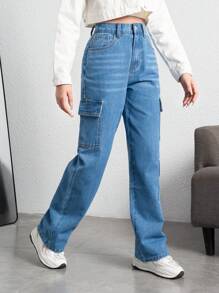 SHEIN Teenage Girls' Y2k Street Style Loose Fit Denim Cargo Pants With Multiple Pockets - Medium Wash - View 6