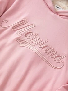SHEIN 青少年女孩字母刺繡連帽加絨內裏運動衫 - 粉色 - 查看 4