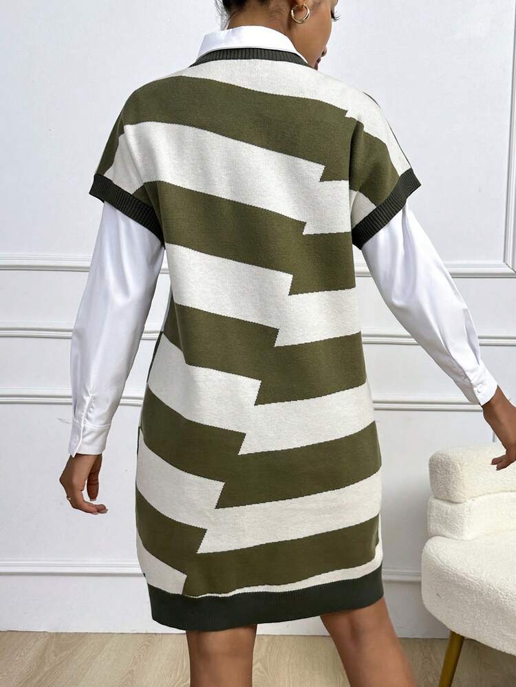 Striped Pattern Patched Detail Sweater Dress Without Blouse