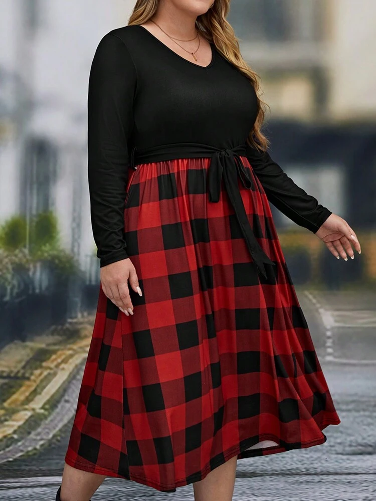 Plus Buffalo Plaid Print Belted Dress