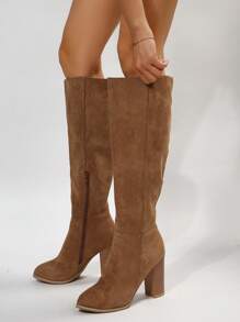 2024 Fall/Winter Plus Size Export Faux Suede Thick Heel Pointed Toe Side Zipper Solid Color Knee-High Riding Boots For Women - Brown - View 3