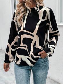 SHEIN LUNE Của phụ nữ Mẫu In Đứng cổ áo Áo sơ mi - Đen và trắng - Xem 6