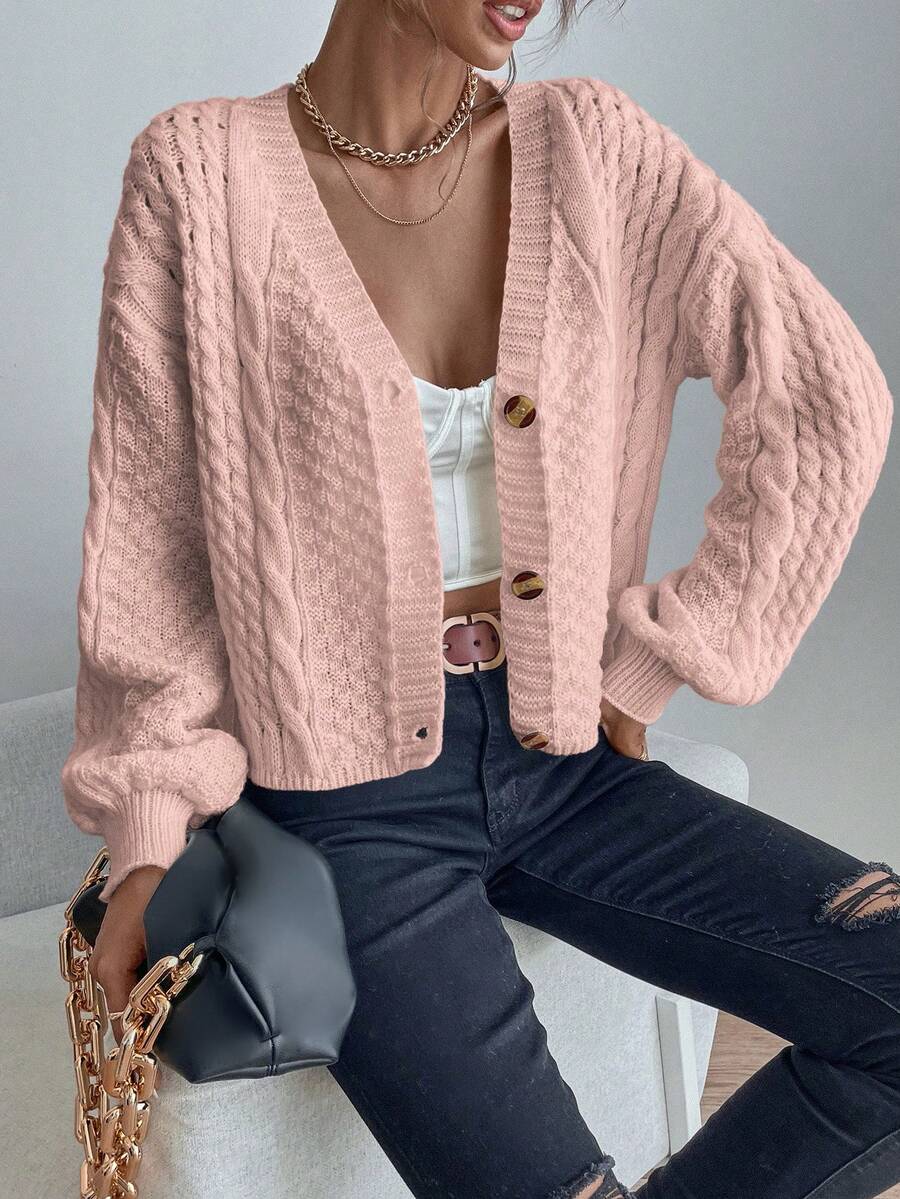 Chiquease Cable Knit Drop Shoulder Cardigan - Pink - View 1