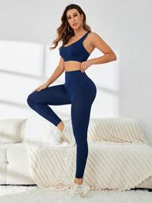 Easithlete Conjunto deportivo inconsútil con estiramiento alto de espalda con tira cruzada - Azul Marino - Ver 4