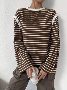 SHEIN Essnce Women's Striped Drop Shoulder T-shirt - Brown - View 6