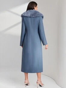 Modelyn 博格领双排扣大衣，女士冬季优雅双纽扣常规袖瀑布常规版型灰蓝色粗花呢纯色女士大衣，冬季保暖/冬季时尚 - 霧霾藍 - 查看 2