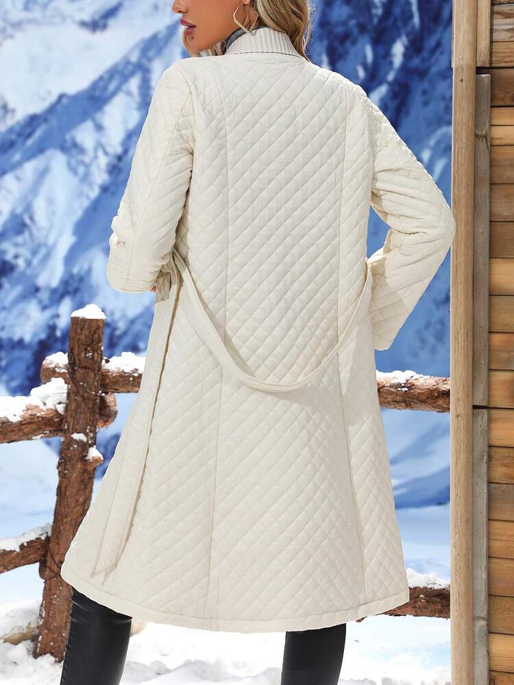 Solid Snap Button Front Belted Quilted Padded Padded Coat Clothes Winter