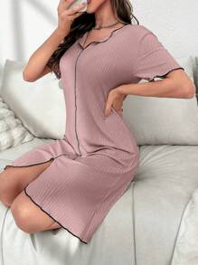 Contrast Stitch Lettuce Trim Split Hem Lounge Dress - Dusty Pink - View 6